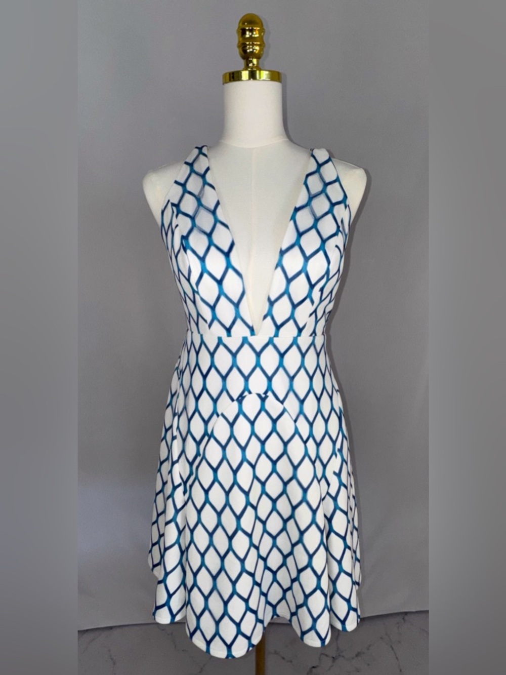 NBD On The Fence White Dress with Blue Lattice Print